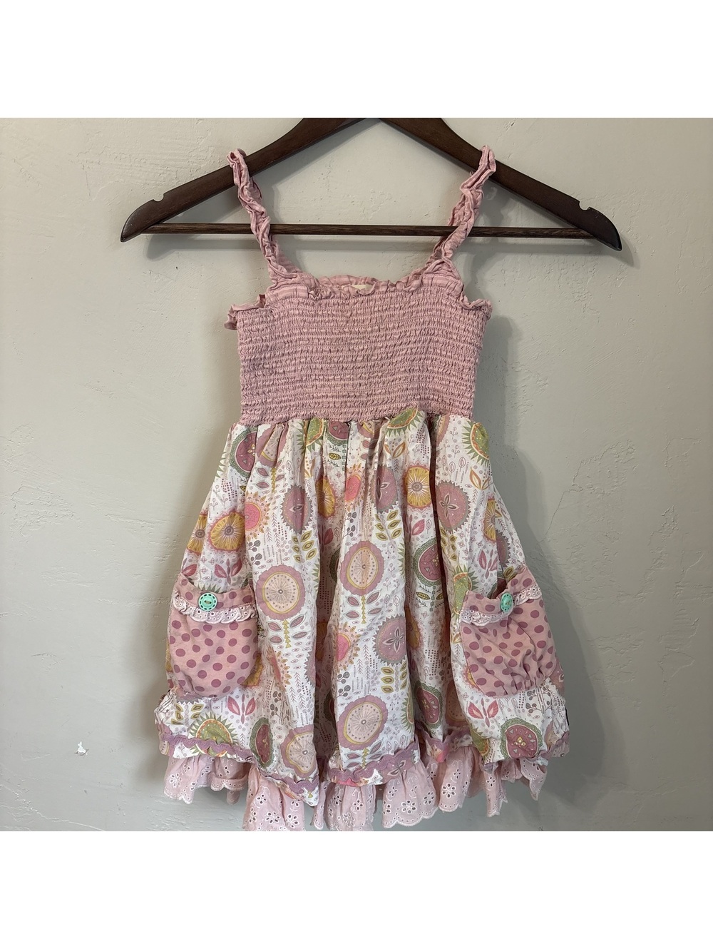 Matilda Jane Girls Size 6 Dress Floral Sunburst Pink Polka Dot Smocked Pocket